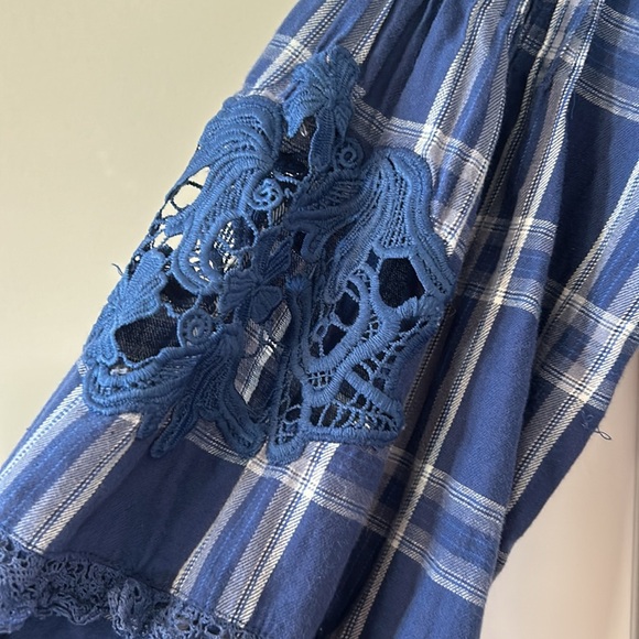 Free People Darling Diane Plaid Balloon Sleeve Lace Top w Measurements! Size M - Picture 12 of 13